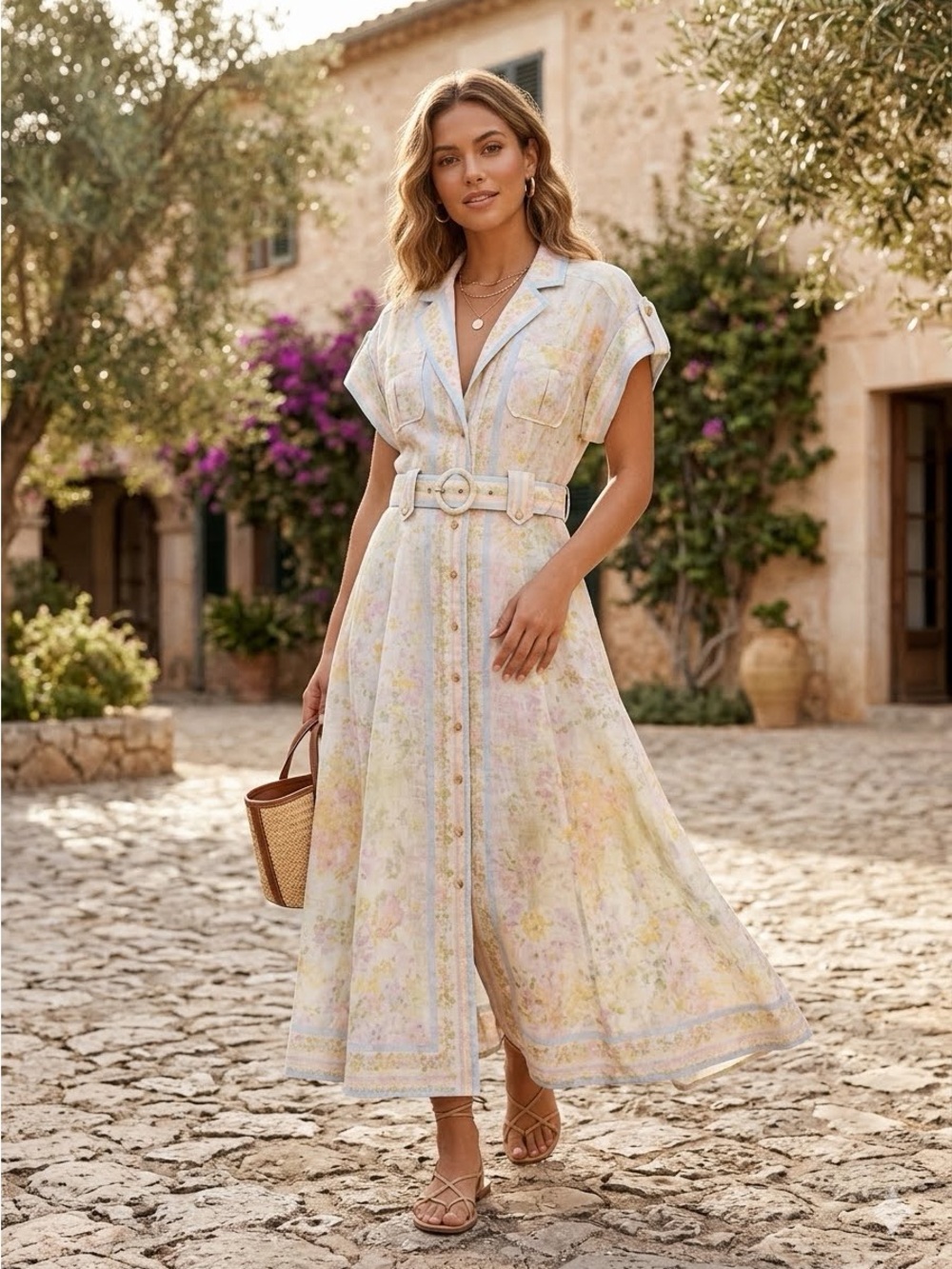 Zimmermann Pastel Floral Maxi Shirt Dress with Belt